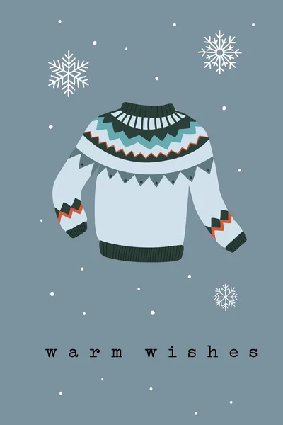 La tarjeta de felicitación para el nuevo año y la Navidad. Jersey de lana con adorno. Warm wishes.Vector ilustración dibujada a mano. — Vector de stock