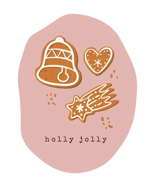 Tarjeta de regalo de galletas de jengibre sobre un fondo rosa con las palabras "holly jolly". Regalo para Navidad y Año Nuevo. — Archivo Imágenes Vectoriales