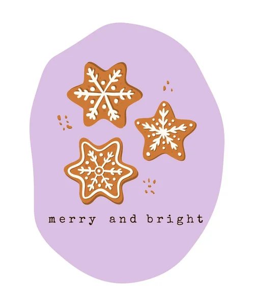 Tarjeta regalo de galletas de jengibre sobre fondo púrpura con las palabras "alegre y briñón". Regalo para Navidad y Año Nuevo. — Vector de stock