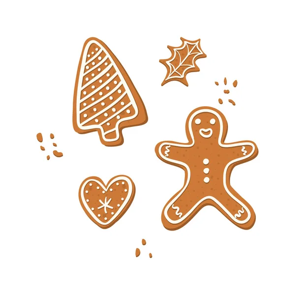 Ensemble vectoriel de Noël pain d'épice cooki - arbre, homme, feuille, coeur fond blanc. Illusion dessinée à la main. — Image vectorielle