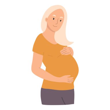 Bebek bekleyen gülümseyen sarışın hamile kadın. Doğum günün kutlu olsun. Beyaz arkaplanda izole edilmiş vektör el çizimi illüstrasyonu.