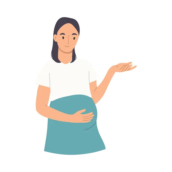 Mosolygó terhes nő várja a baba születését.Boldog terhességi időszakot. Vektor kézzel rajzolt illúzió elszigetelt fehér alapon. — Stock Vector