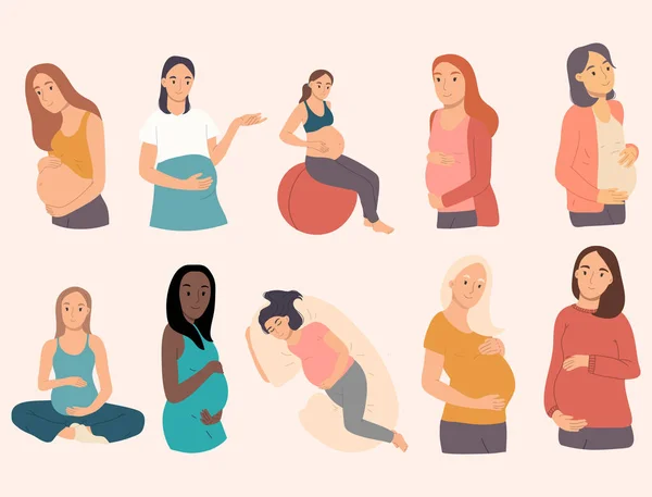 Gyűjteménye 10 terhes nő csinál torna testmozgás, alvás, meditálás.Boldog terhességi készlet. Vektor kézzel rajzolt illusztráció lapos rajzfilm stílusban. — Stock Vector