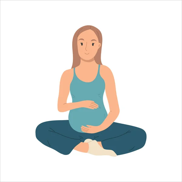 Mosolygó terhes nő jógázik és meditál.Boldog terhességi időszakot. Vektor kézzel rajzolt illúzió elszigetelt fehér alapon. — Stock Vector