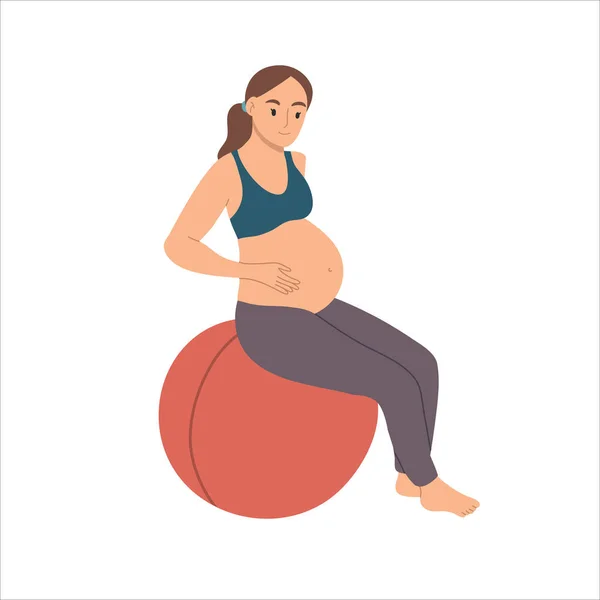 Mulher grávida sorrindo fazendo exercício de ginástica. Feliz período de gravidez. Vector mão desenhada illustation isolado no fundo branco. —  Vetores de Stock