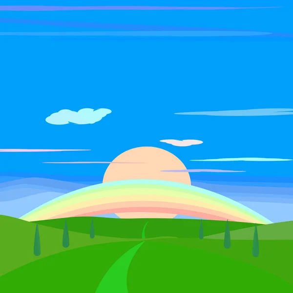 Landschaft Ländliche Landschaft Mit Feld Und Regenbogen Sonnenschein Abstrakte Hintergrund — Stockvektor