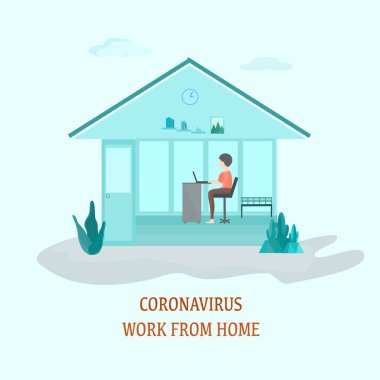 Koronavirüs covid-19 'u korumak için insanlar evlerinde soyut arkaplan doku vektörü ve çizim karikatürü grafik tasarımı ile çalışırlar.