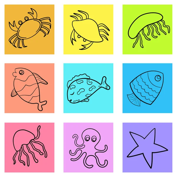 Set Cartoni Animati Pesce Animale Icone Collezione Subacquea Vettore Illustrazione — Vettoriale Stock