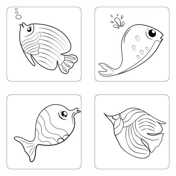 Vector Variety Set Black Cartoon Fish Cute Kawaii Icons Illustration — Stock Vector