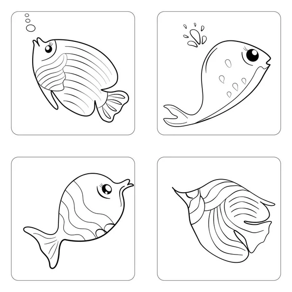 Vector Variedad Conjunto Dibujos Animados Negro Peces Lindo Kawaii Iconos — Vector de stock