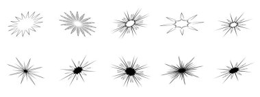 Siluet doğa güneş yıldızlarının koleksiyonu yıldız patlaması güneş ışınları ikonlarının sembolü, soyut arka plan duvar kağıdı dekorasyonu kusursuz sanat grafik tasarım vektör çizimi