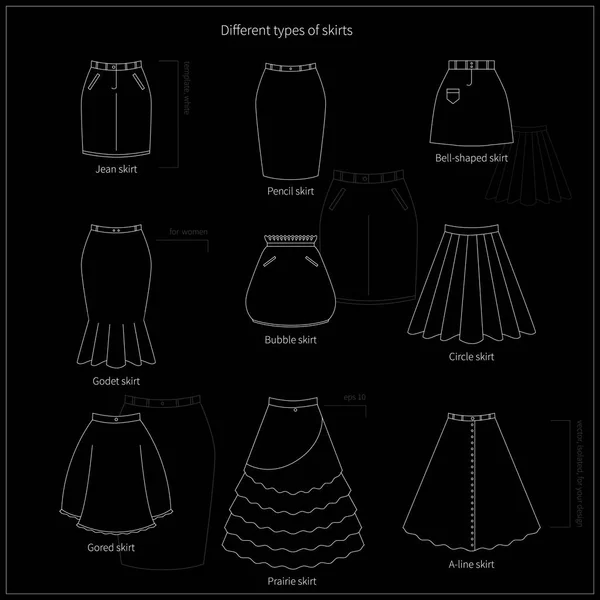 Conjunto Diferentes Tipos Faldas Colores Brillantes Ilustración Simple Vector Plano — Archivo Imágenes Vectoriales