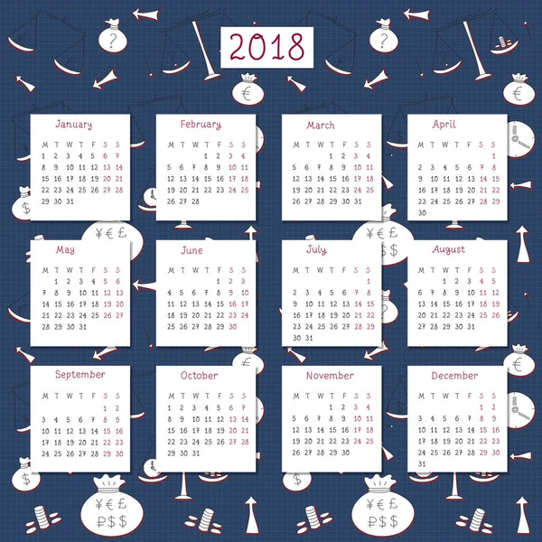 Calendrier Vectoriel Écrit Main 2018 Avec Des Signes Argent Sur — Image vectorielle