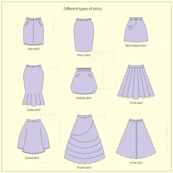 Sada Různých Typů Zářivě Barevné Sukně Jednoduchý Plochý Vektorové Ilustrace — Stockový vektor