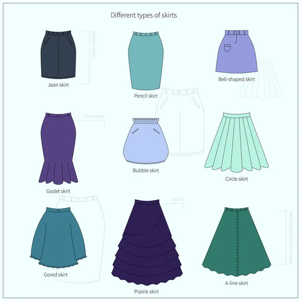 Set Different Types Bright Colorful Skirts Simple Flat Vector Illustration — Stock Vector