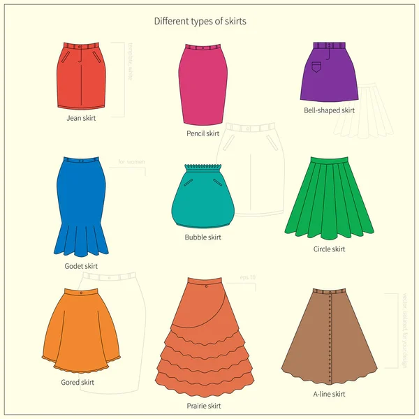 Ensemble Différents Types Jupes Colorées Lumineuses Illustration Vectorielle Plate Simple — Image vectorielle