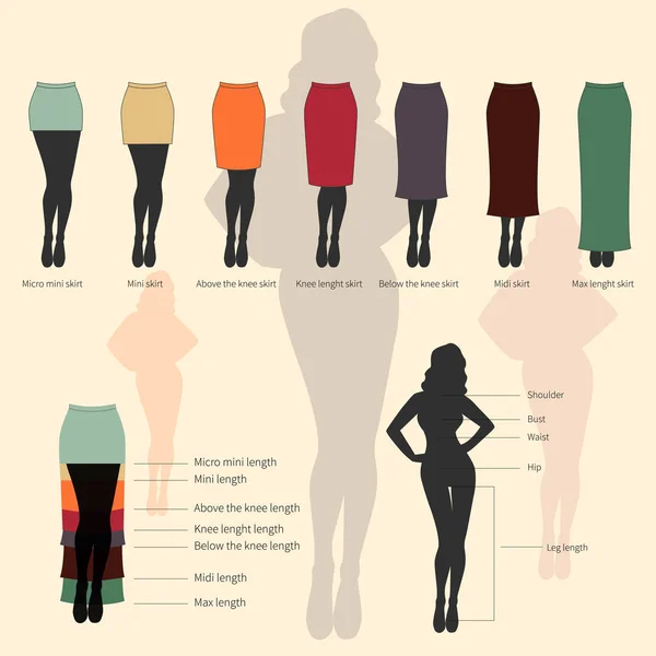 Conjunto Faldas Con Silueta Femenina Ilustración Simple Vector Plano — Vector de stock