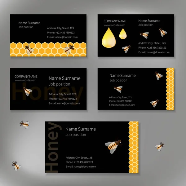 Conjunto Tarjetas Visita Vectoriales Con Panales Amarillos Gotas Miel Abejas — Vector de stock