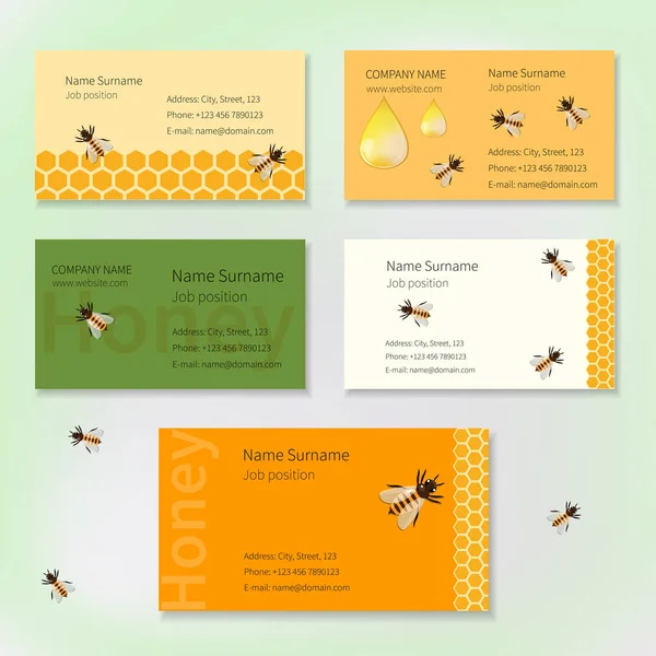 带黄色蜂窝蜂蜜滴和蜜蜂的矢量名片集 免版税图库矢量图片