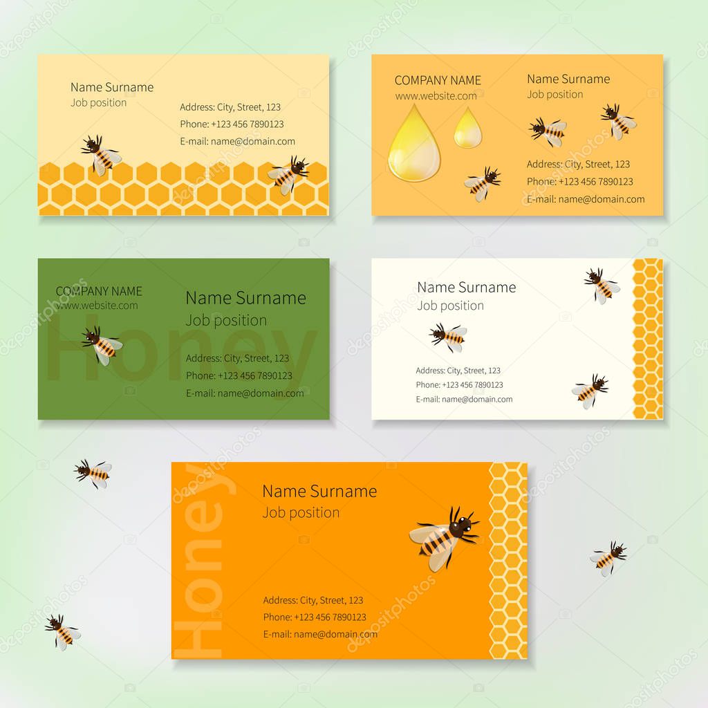 Set of vector business cards with yellow honeycombs and honey drops and bees