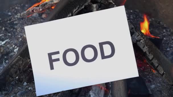 Słowo Jedzenie na białej kartce papieru spala się w pożarze. Zwolniony ruch — Wideo stockowe