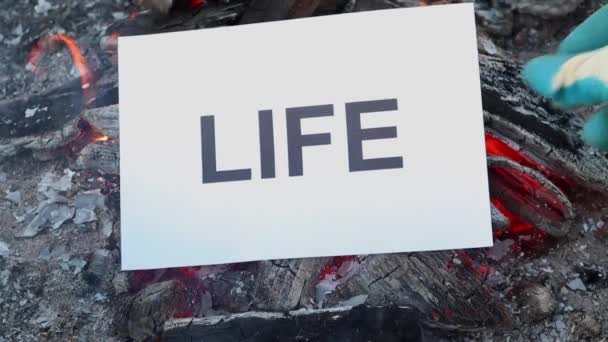 Word Life na białej kartce papieru spala się w pożarze. Zwolniony ruch — Wideo stockowe
