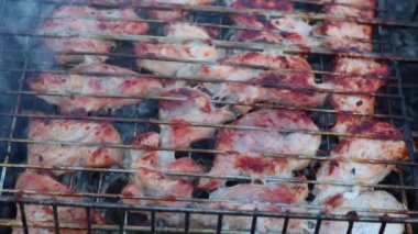 Büyük domuz kesimleri, metal bir rafta sıcak kömürde yavaş yavaş pişirilir. Tam HD