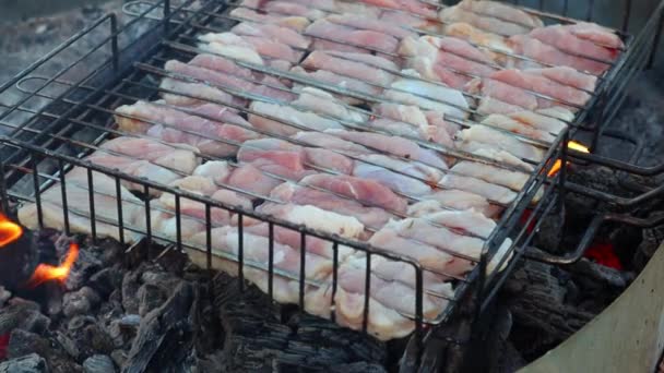 薄片猪肉用炽热的煤块在金属丝架上慢慢烹调。FullHD — 图库视频影像