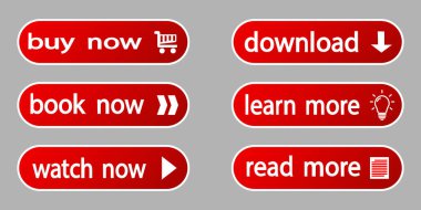 Modern vektör tarzı ağ düğmeleri. Kırmızı renk gradyanı ve gri arkaplanda izole edilmiş beyaz formlardaki ikonlar. Modern modayı takip eden düz web düğmeleri. Vektör