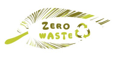 Sıfır israf. Geri dönüşüm işareti. Sıfır Atık Rozet veya Amblem Vektör Tasarımı. Yeşil yaprağın içindeki sıfır atık beyaz arka planda izole edilmiş. Vektör illüstrasyonu