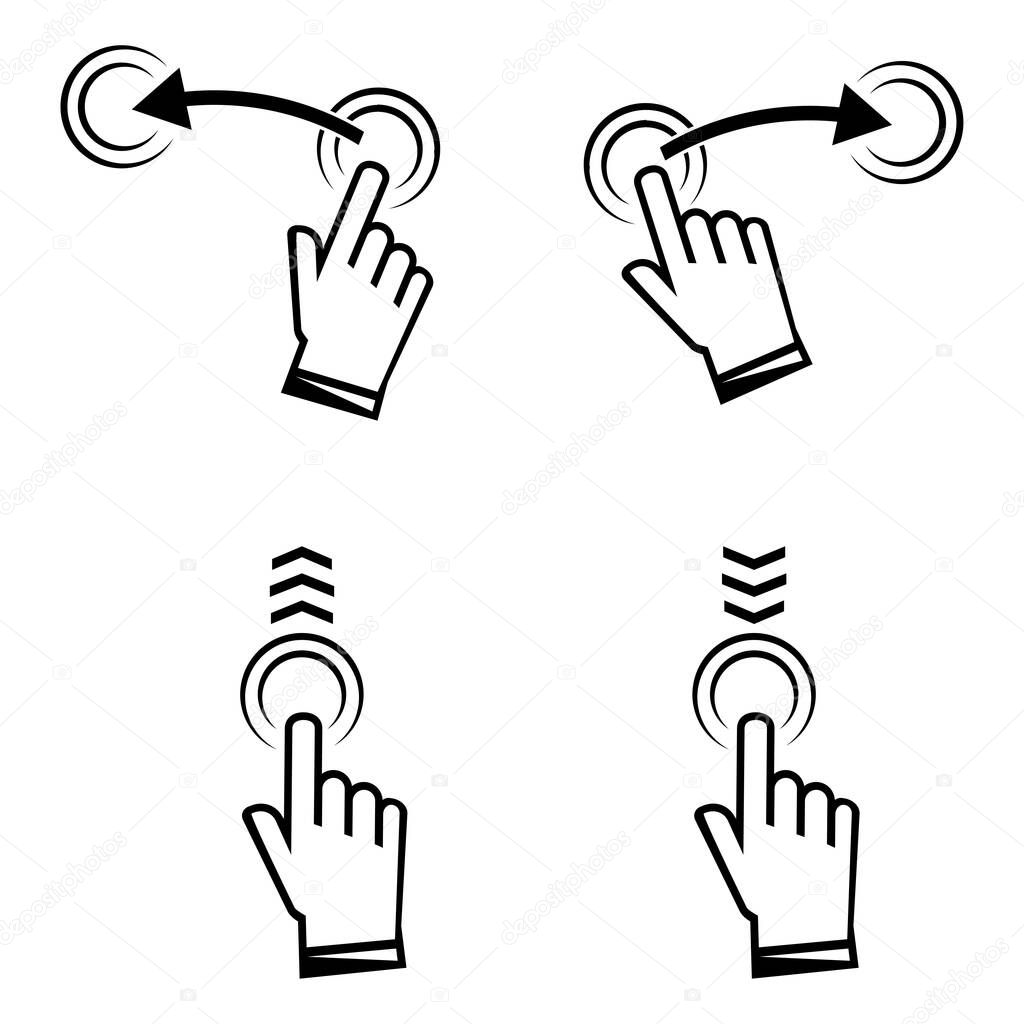 Swipe up. Hand swipe. Set of symbols for social media. Set of sign for stories design blogger, scroll pictogram in black color. Scroll or swipe up. See more icon, scroll pictogram. Vector