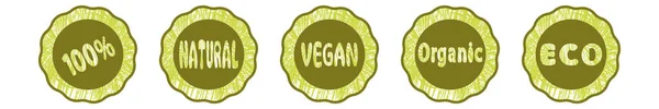 Organikus Élelmiszerek Címkéi Friss Öko Vegetáriánus Természetes Bio Termékek Vegán — Stock Vector