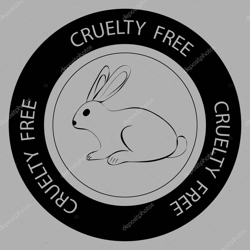 Cruelty free. Rabbit symbol with lettering Cruelty free around. Icon for products, what are not tested on animals. Black round icon with a rabbit bunny and titles Cruelty Free. Vector