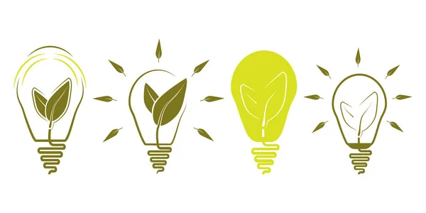 Зелена Лампочка Набір Творчих Цибулин Двома Зеленими Листками Всередині Концепція — стоковий вектор