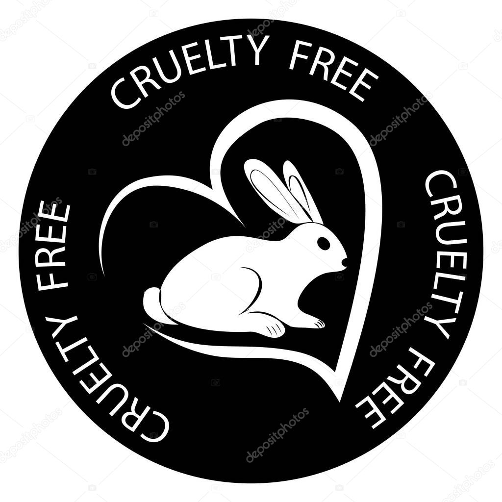 Cruelty free concept logo design with rabbit symbol. Hand drawn heart with lettering Cruelty Free around and with rabbit inside. Not tested on animals. Vector illustration in glyph style