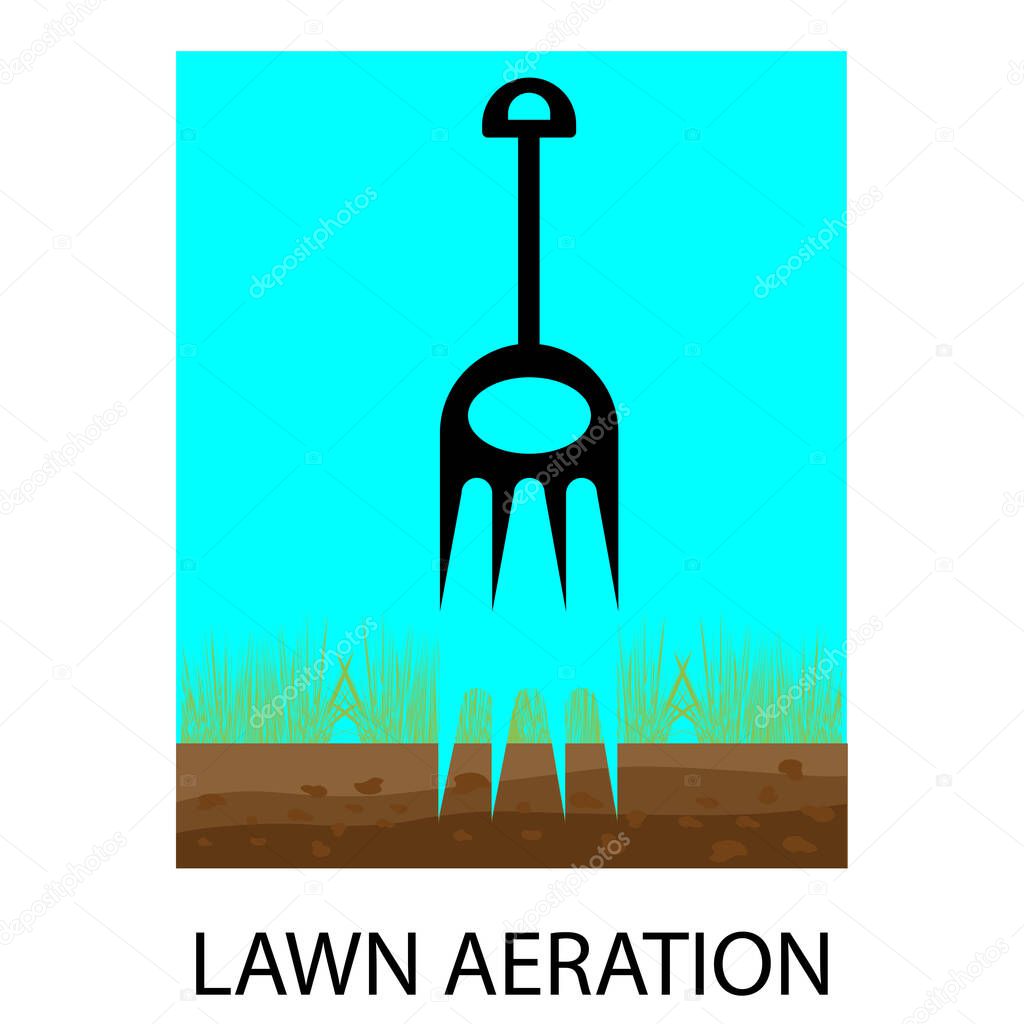 Lawn aeration. Process of lawn aeration. Aerator. Gardening grass lawn care, landscaping service. Vector illustration isolated on white background