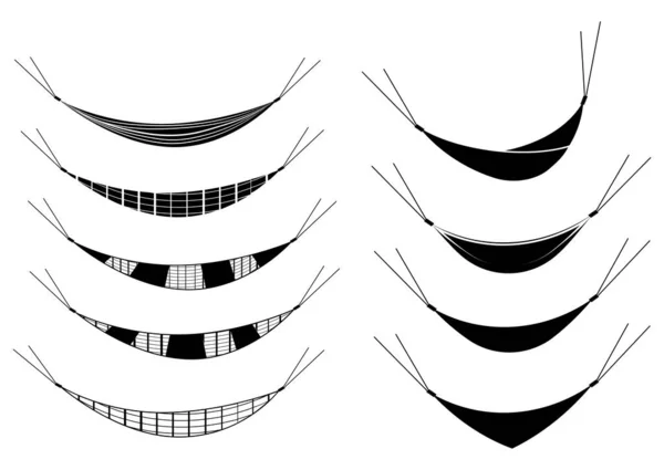 ハンモックのセット アウトラインスタイルとグリフスタイルで異なる種類のハンモック フラットイラスト 白の背景に隔離されました ベクターイラスト — ストックベクタ