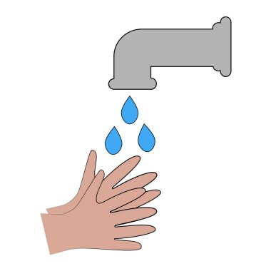 Su damlaları ve vinçle elleri yıkamak. Virüs ve bakterileri önlemek için el yıkama. Vektör illüstrasyonu beyaz arkaplanda izole edildi