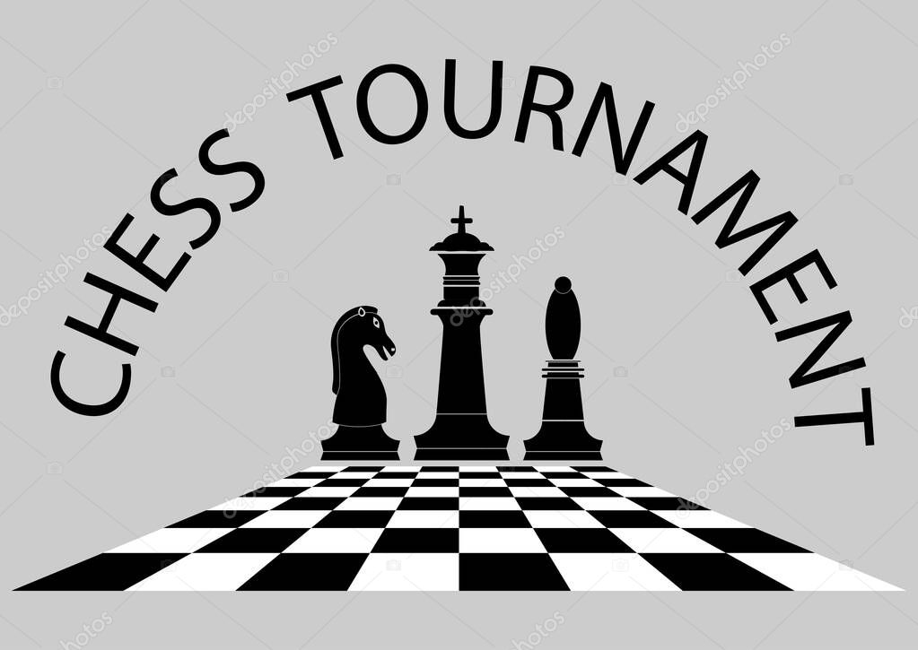 Chess tournament poster template. Chess pieces with board isolated on grey background. Silhouette of knight, bishop and king in black color. Logo of intelligence game or competition. Vector