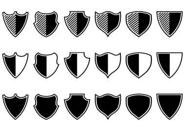 Farklı şekillerde vektör kalkanı koleksiyonu. Koruma sembolü. Güvenlik simgeleri. Beyaz arkaplanda izole edilmiş düz stil kalkan simgeleri. 170x170 piksel piktogram. Vektör illüstrasyonu