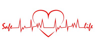 Heartbeat line with shape of heart. Healthy electrocardiogram or ECG. One pulse line with text Safe Life Flat healthcare rate design icon on white background. Vector clipart
