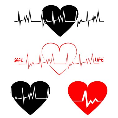 A set of vector heart cardiogram. Black and red ECG line on white background. Line pulse inside the heart. Vector clipart