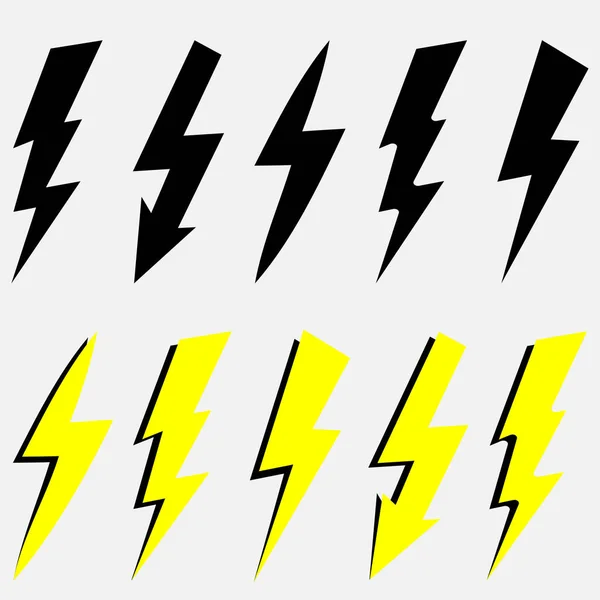 Set Van Bliksemschicht Thunderbolt Blikseminslag Zwart Geel Flits Witte Achtergrond — Stockvector