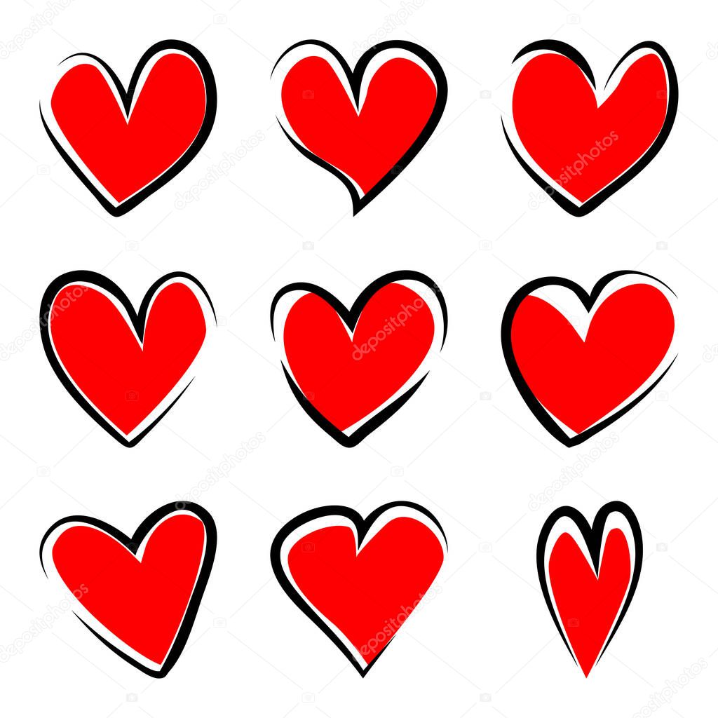 Set of handdrawn hearts isolated on white background. For poster, wallpaper and Valentine's day. Collection of hearts, creative art. Vector