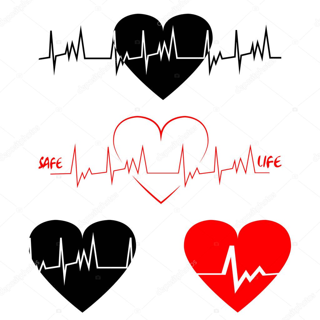 A set of vector heart cardiogram. Black and red ECG line on white background. Line pulse inside the heart. Vector