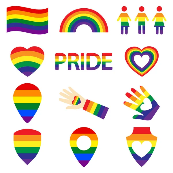 Ensemble Icônes Couleur Lgbt Gay Lesbienne Arc Ciel Coeur Carte — Image vectorielle