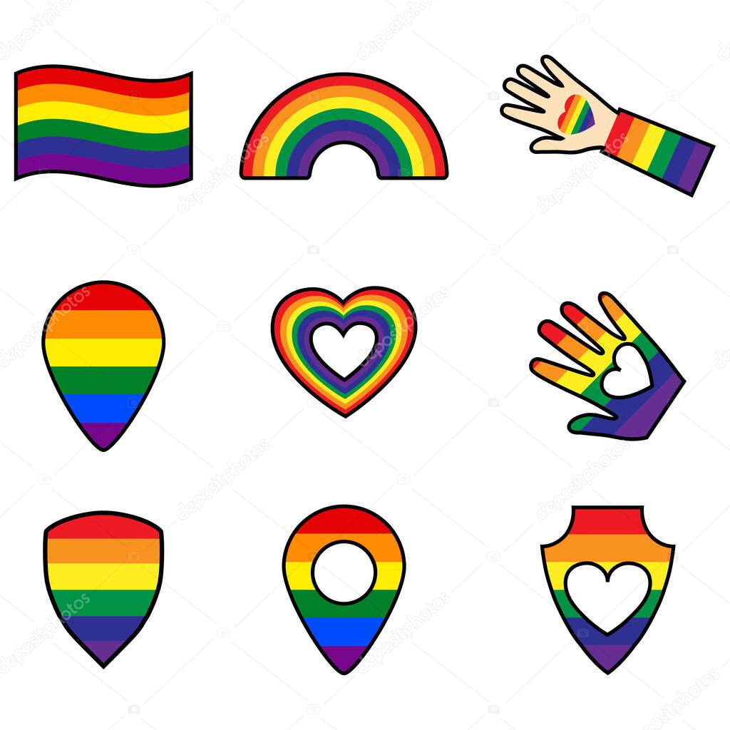 Rainbow colored lgbt icons. Gay Pride. LGBT concept. Pride month of homosexual people. Map pin. Realistic style colorful illustration. Sticker, patch, T-shirt print, logo design. Vector illustration