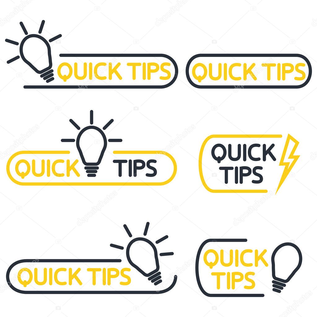 Quick tips icon or symbol set with black and yellow color and lightbulb element. Helpful tricks. Helpful idea, solution and trick illustration. Editable stroke. Quick tip icon set. Vector illustration