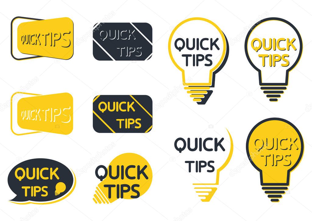 Quick tip icon set. Yellow lightbulb icons with quick tips text inside. Lamp of advice idea quickly solutions advices trick mark. Helpful tricks. Helpful idea or solution. Vector illustration