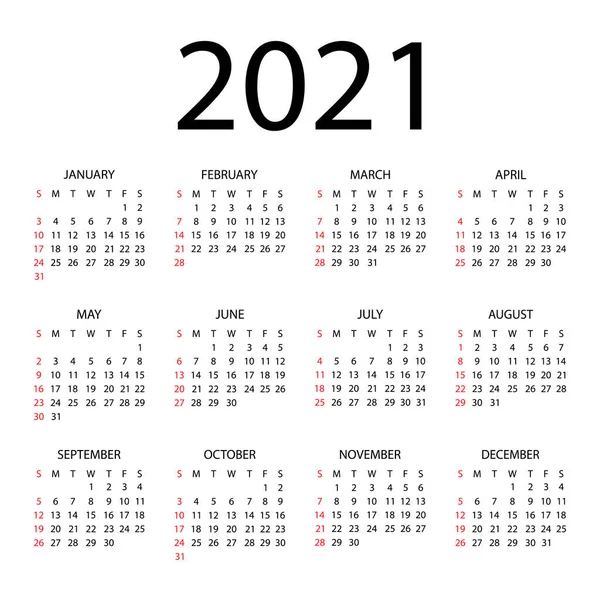 Kalender 2021 Jaar Vectorillustratie Week Begint Zondag Jaarkalender 2021 Sjabloon — Stockvector